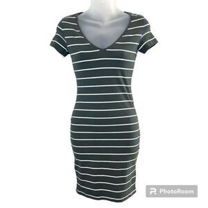 H&M Basic Olive Green Striped Short Sleeve Mini Dress Size XS